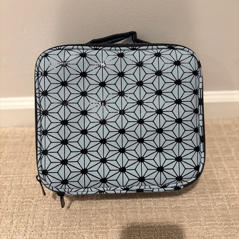 Makeup Hard Case Organizer Women OS Blue Geometric Starburst Travel Bag NEW